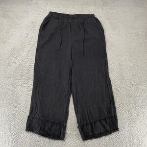 Camille & Co Linen Pants Womens Large Wide Leg Black Ankle Crop Fringe Hem